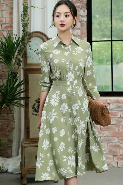 Sixdo Olive Floral Midi Silk Dress